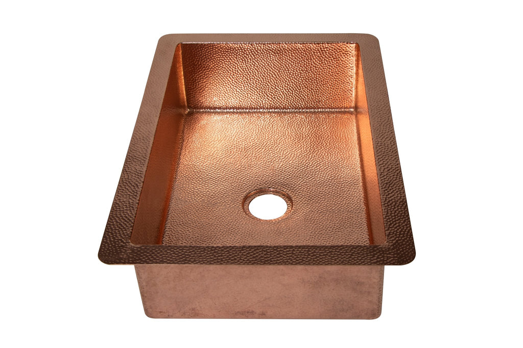 33" Drop - in Single Well Plain Hammered Copper Kitchen Sink - KMT WAREHOUSE