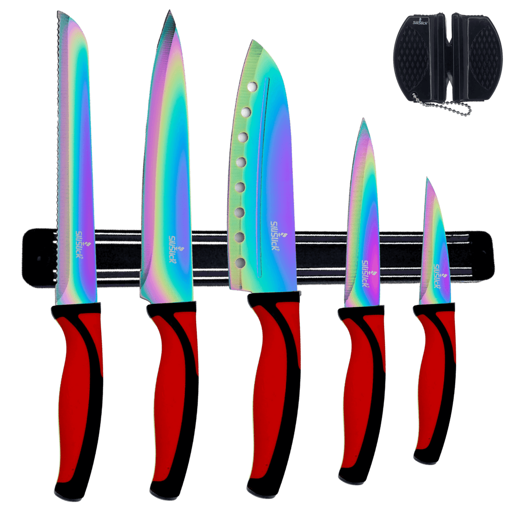 Kitchen Knife Set Kit | Red Handle & Black Magnetic Rack - KMT WAREHOUSE