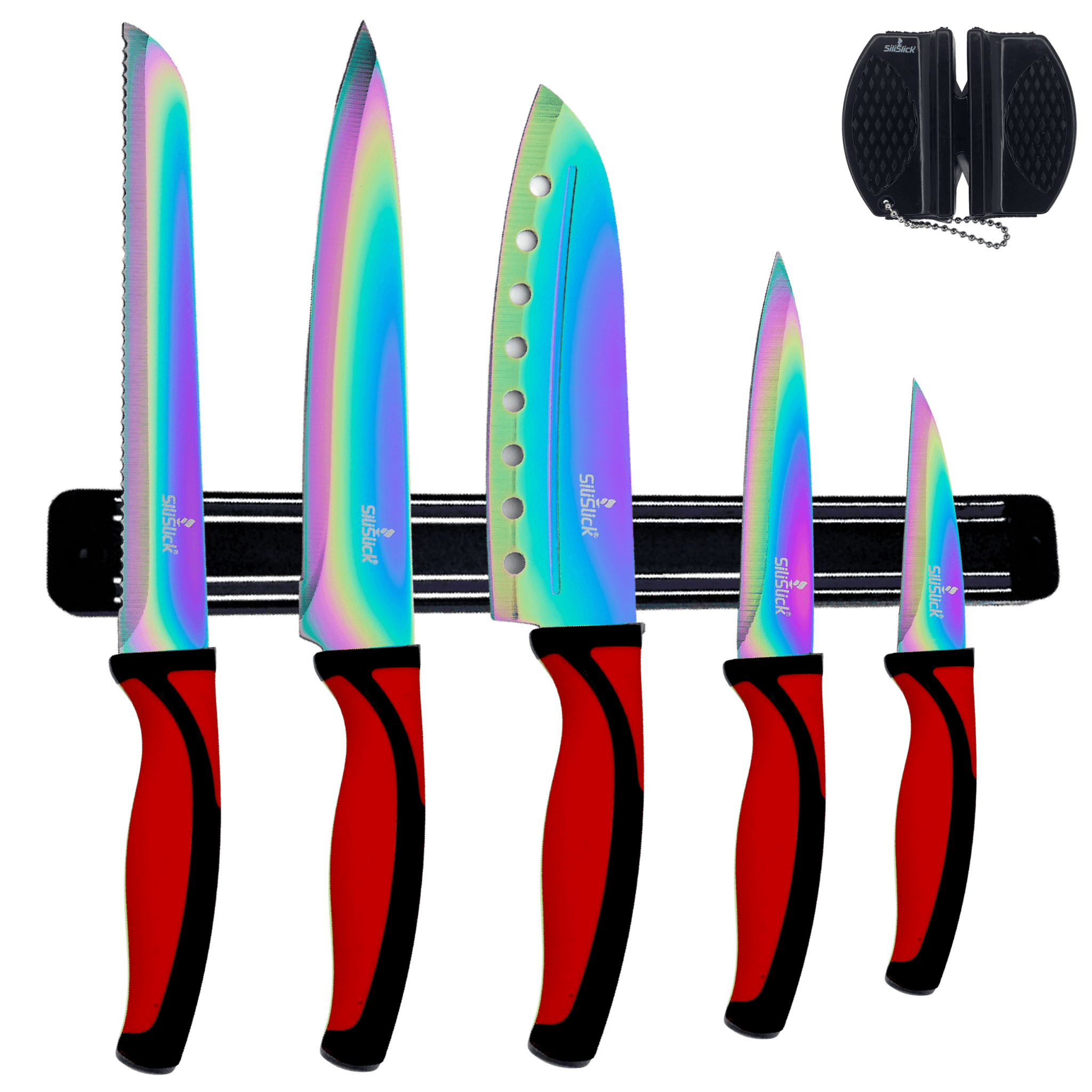 Kitchen Knife Set Kit | Red Handle & Black Magnetic Rack - KMT WAREHOUSE