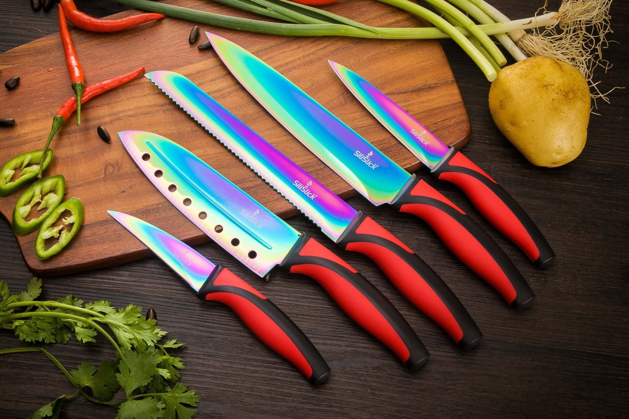Kitchen Knife Set Kit | Red Handle & Black Magnetic Rack - KMT WAREHOUSE