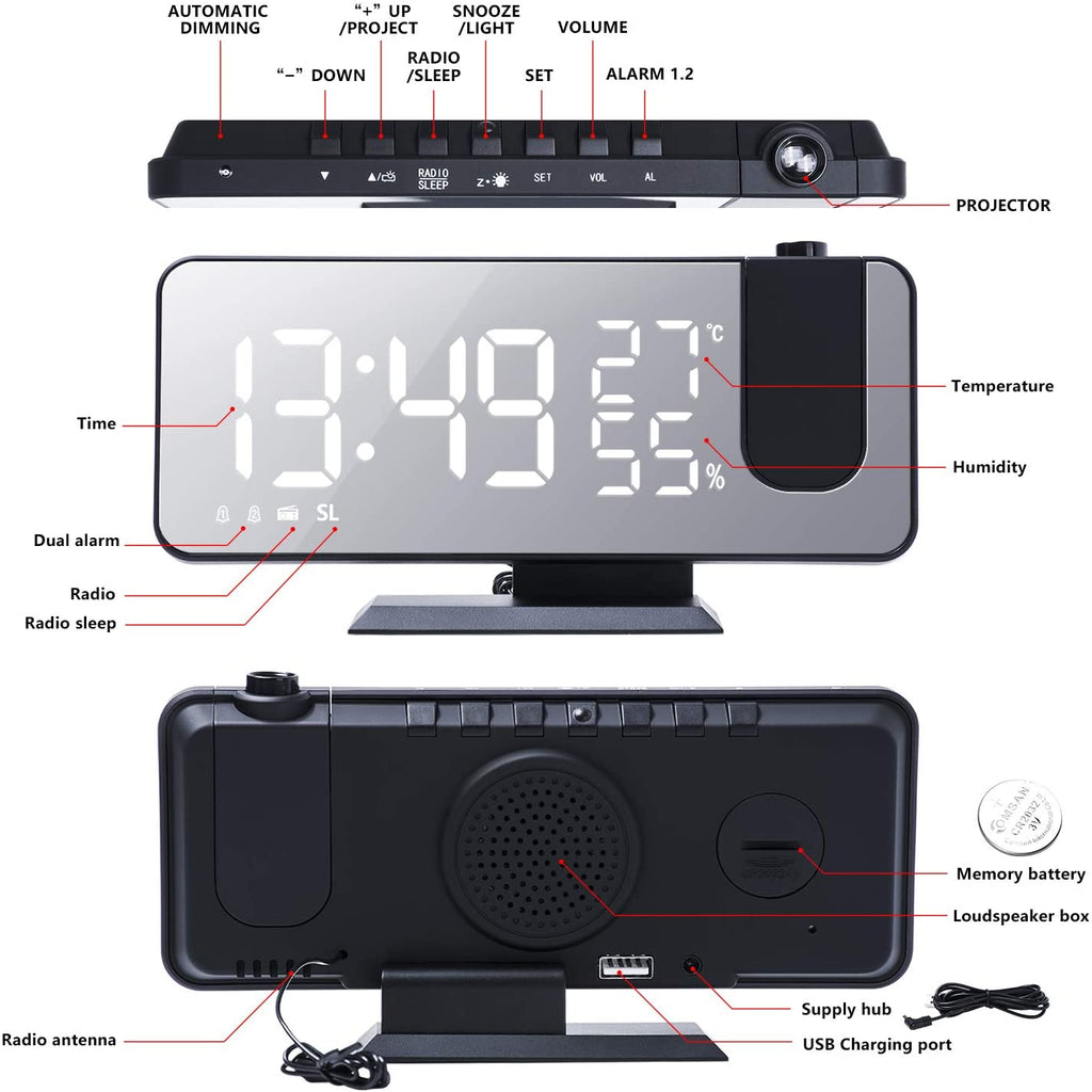 LED Projection Digital Alarm Clock Phone Charger - KMT WAREHOUSE