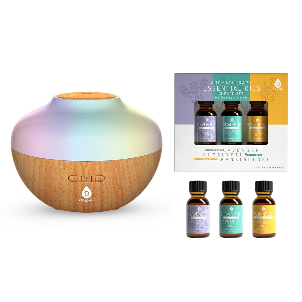 Pursonic Aromatherapy Diffuser & Essential Oil Set - Ultrasonic Top 3 Oils - 300ml with 2 Mist Settings 7 Ambient Light Settings - KMT WAREHOUSE