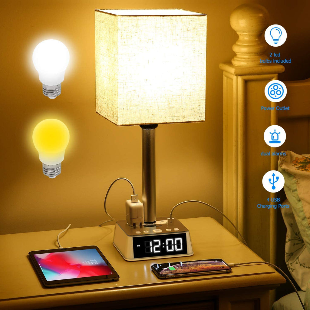 Table Lamp, 4 USB Ports &amp; AC Power Outlets, Alarm Clock - KMT WAREHOUSE
