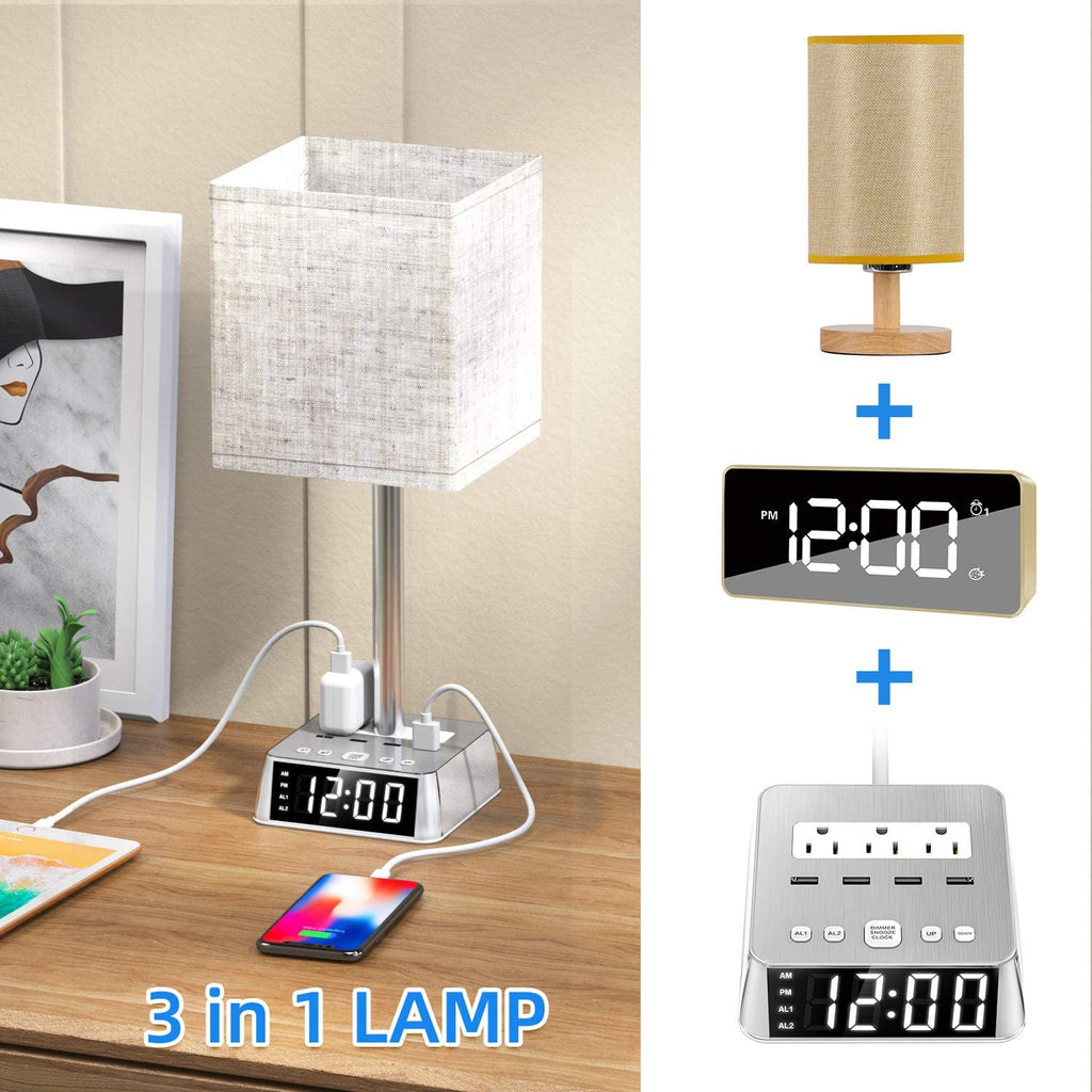 Table Lamp, 4 USB Ports &amp; AC Power Outlets, Alarm Clock - KMT WAREHOUSE