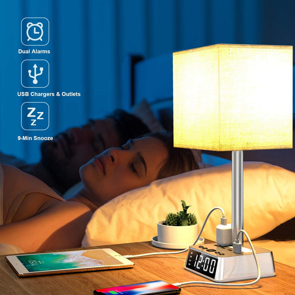 Table Lamp, 4 USB Ports &amp; AC Power Outlets, Alarm Clock - KMT WAREHOUSE