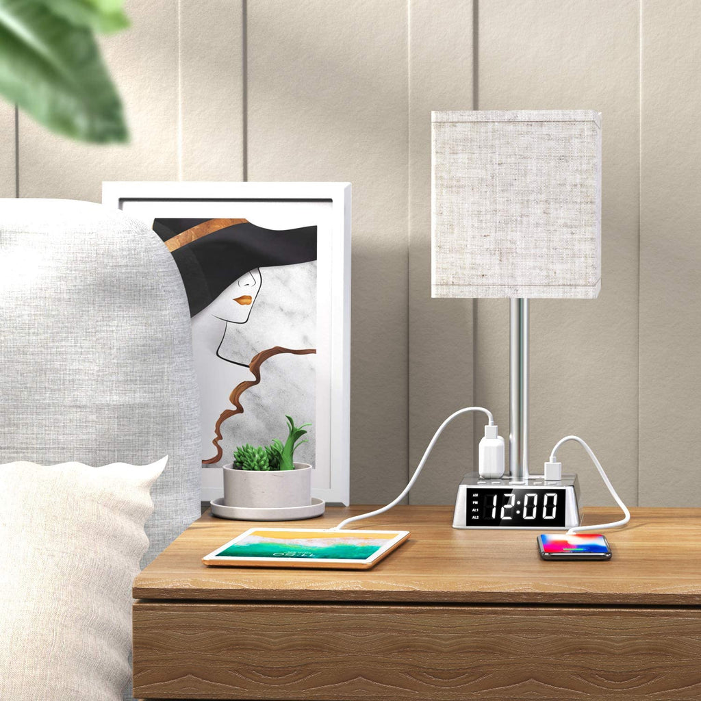 Table Lamp, 4 USB Ports &amp; AC Power Outlets, Alarm Clock - KMT WAREHOUSE