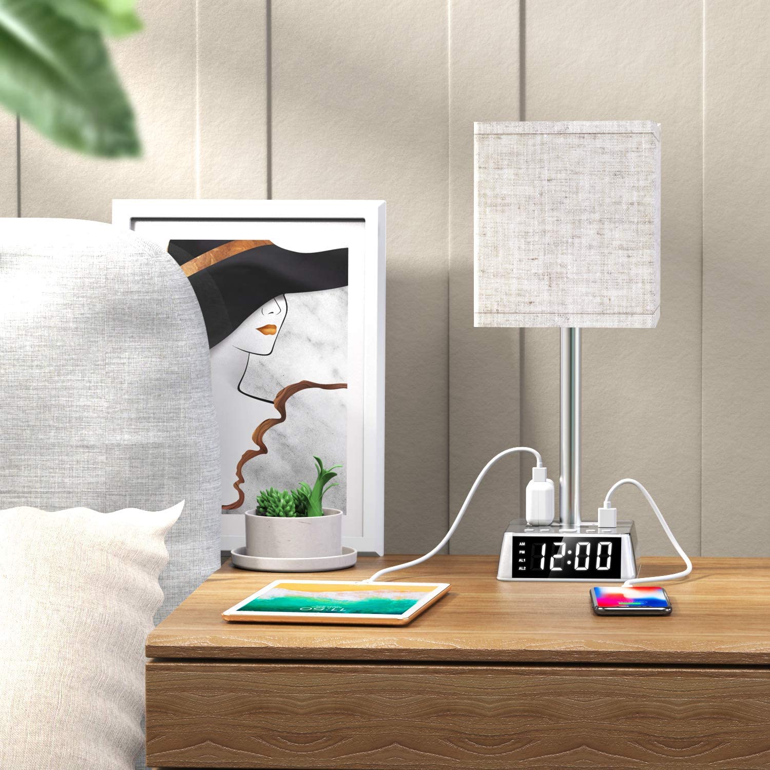 Table Lamp, 4 USB Ports &amp; AC Power Outlets, Alarm Clock - KMT WAREHOUSE