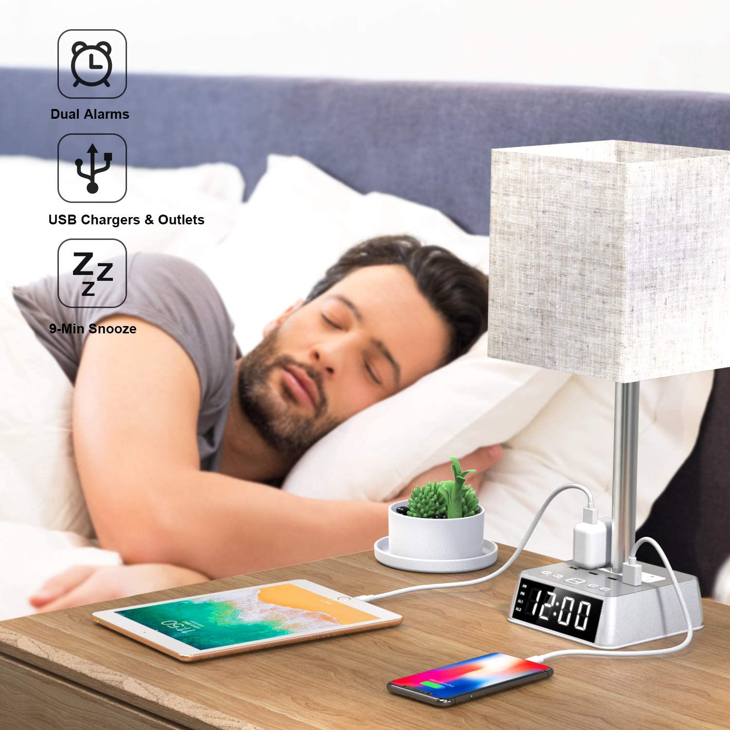 Table Lamp, 4 USB Ports &amp; AC Power Outlets, Alarm Clock - KMT WAREHOUSE