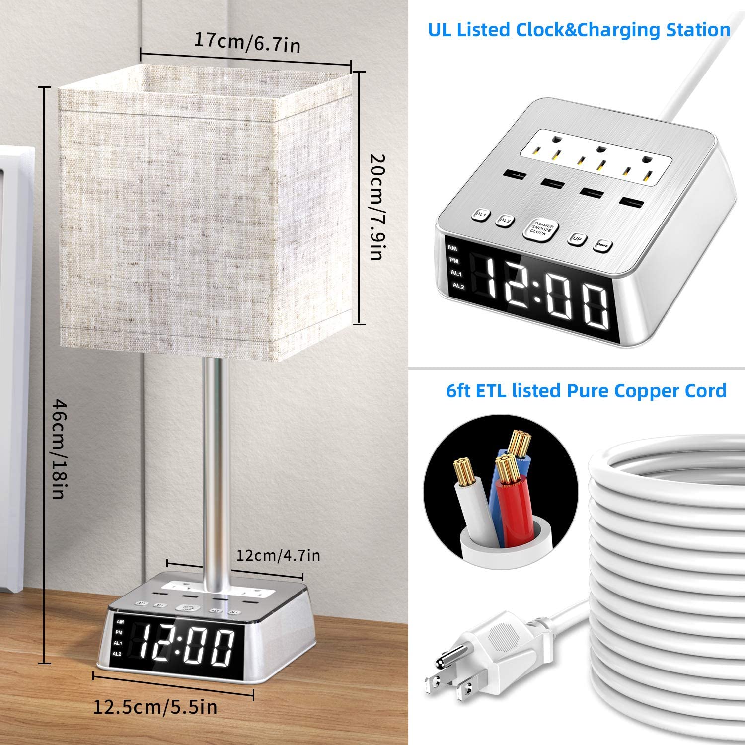 Table Lamp, 4 USB Ports &amp; AC Power Outlets, Alarm Clock - KMT WAREHOUSE