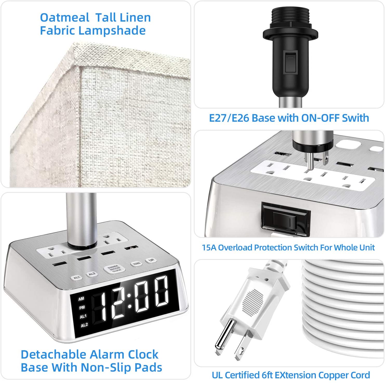 Table Lamp, 4 USB Ports &amp; AC Power Outlets, Alarm Clock - KMT WAREHOUSE